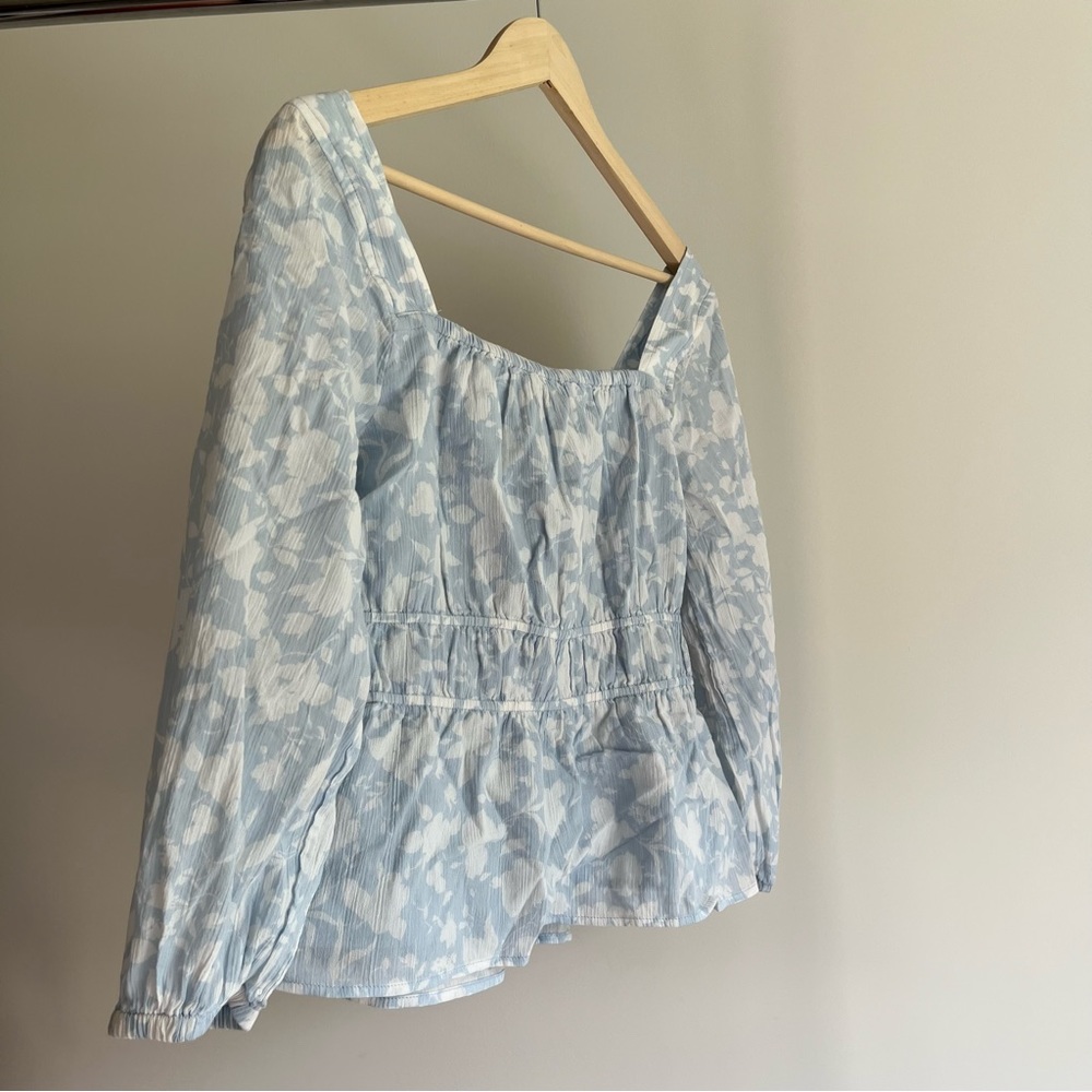 NWT Free Assembly Square Neck Light Blue Long Sleeve Floral Blouse